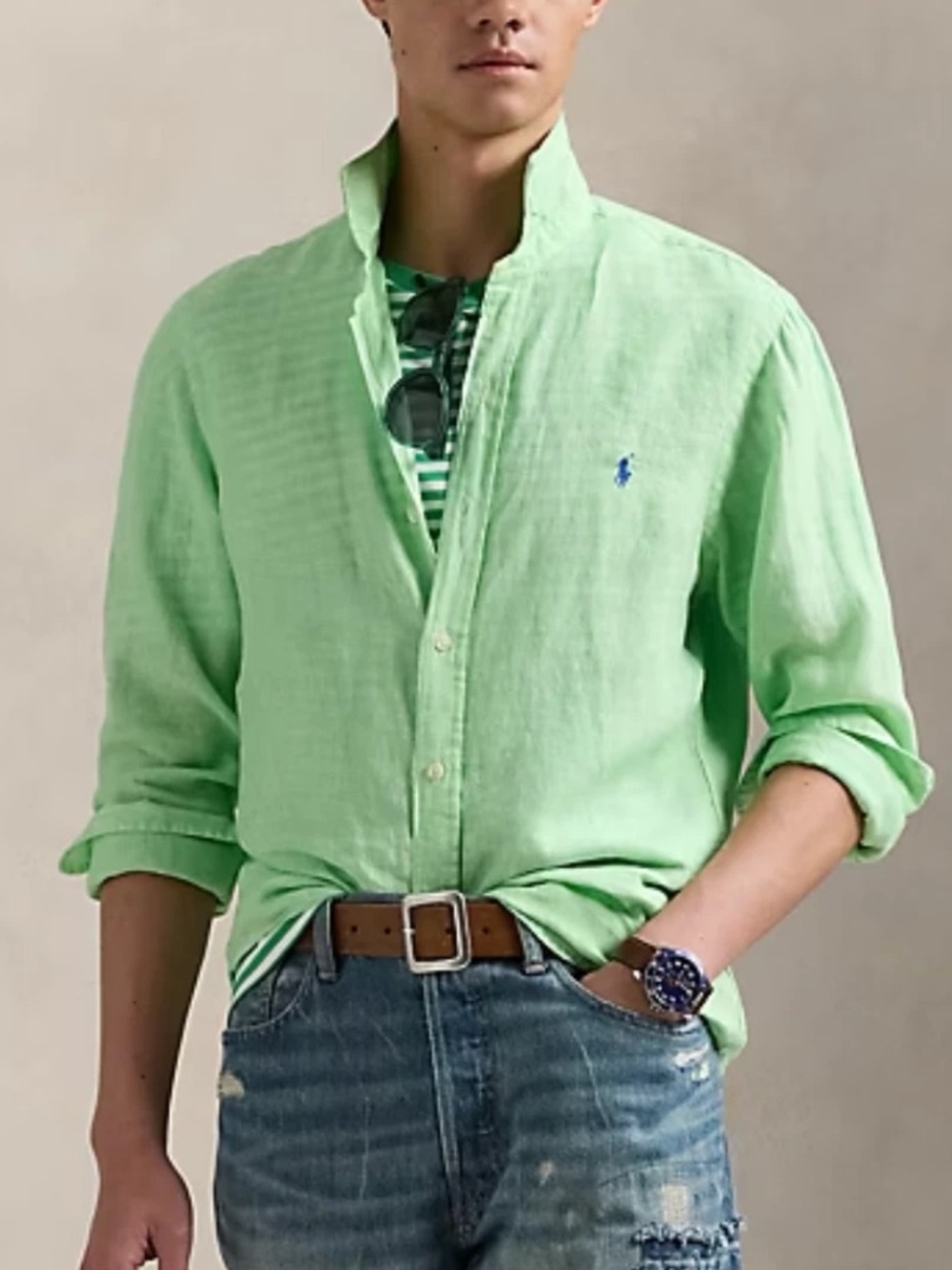 Polo Ralph Lauren Men XXL Green Long Sleeve Slim Fit Linen Chambray Shirt NWT